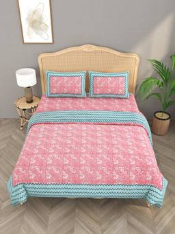 House of Gulab - Pink Floral Printed King Bedsheet with Comforter and 2 Pillow Covers