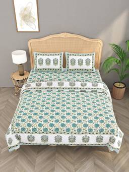 House of Gulab - Multi-Color Floral Printed King Bedsheet with Comforter and 4 Pillow Covers