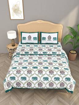 House of Gulab - Teal Floral Printed King Bedsheet with Comforter and 4 Pillow Covers