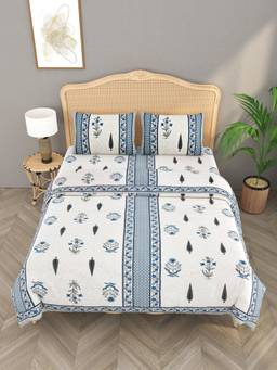 House of Gulab - Blue Floral Printed King Bedsheet with Comforter and 4 Pillow Covers