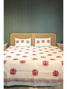 House of Gulab - White Handblock Printed Paani Jaal Quilted Bedcover with 2 Pillow Covers