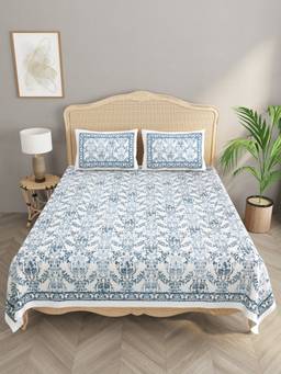 House of Gulab - Blue Cotton Double King Bedsheet With 2 Pillow Covers