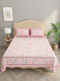 House of Gulab - Pink Cotton Double King Bedsheet With 2 Pillow Covers