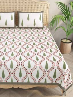 House of Gulab - White Handblock Print Super King Bedsheet Percale Cotton With 2 Pillow Covers