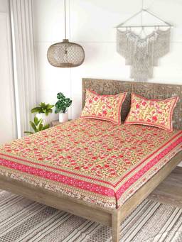 House of Gulab - Red Cotton Double King Bedsheet With 2 Pillow Covers