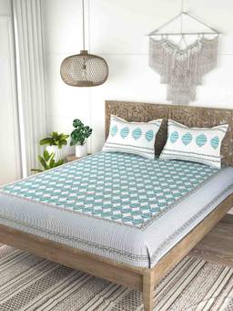 House of Gulab - Blue Cotton Double King Bedsheet With 2 Pillow Covers