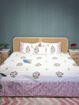 House of Gulab - White Cotton Super King Handblock Print Bedding Set