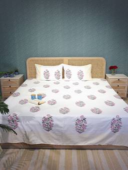 House of Gulab - White Super King Handblock Print Bedsheet With 2 Pillow Covers
