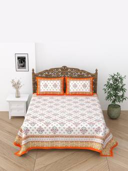 House of Gulab - Multi-Color Floral Print Cotton Double King Bedsheet With 2 Pillow Covers