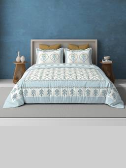 House of Gulab - Blue Super King Handblock Print Bedsheet With 2 Pillow Covers