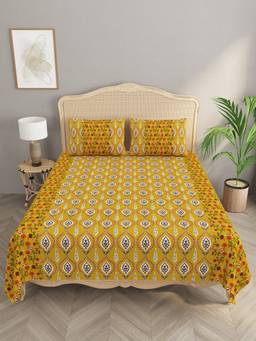 House of Gulab - Indigo Premium Indigo Cotton Floral Print Super King Bedsheet With 2 Pillow Covers