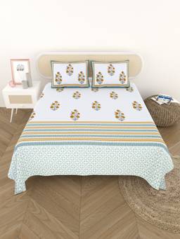 House of Gulab - White Hand Printed Bedsheet Super King Double Bedsheet With 2 Pillow Covers