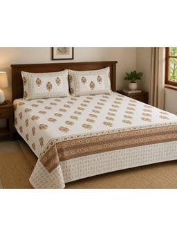 House of Gulab - White Hand Printed Bedsheet Super King Double Bedsheet With 2 Pillow Covers