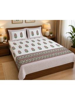 House of Gulab - White Hand Printed Bedsheet Super King Double Bedsheet With 2 Pillow Covers