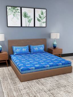 House of Gulab - Blue Ethnic Motifs Double King Bedsheet with 2 Pillow Covers