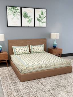 House of Gulab - Blue Ethnic Motif Print King Bedsheet with 2 Pillow Cover