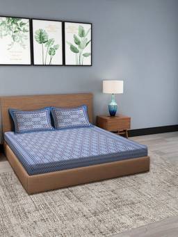 House of Gulab - Geometric Blue King Bedsheet with 2 Pillow Covers