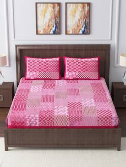 House of Gulab - Pink Ethnic Motifs King Bedsheet with 2 Pillow Covers