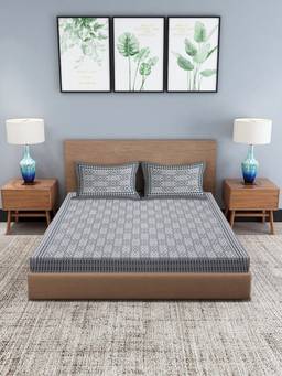 House of Gulab - Grey Geometric King Bedsheet with 2 Pillow Covers