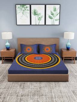 House of Gulab - Blue Geometric Queen Bedsheet with 2 Pillow Covers