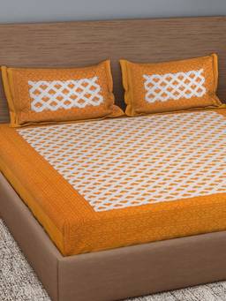 House of Gulab - Mustard Cotton Queen Bedsheet with 2 Pillow Covers