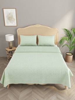 House of Gulab - Green Applique Cut Work Cotton Bedcover with 2 Pillow Covers