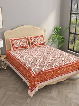 House of Gulab - Red Floral Print Cotton Double King Bedsheet with 2 Pillow Covers