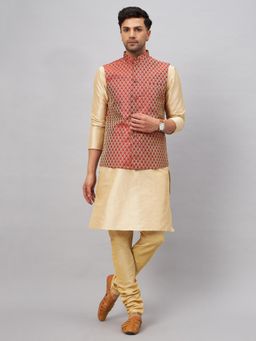 Vastramay - Men Gold Silk Blend Jacket, Kurta and Pyjama (Set of 3)