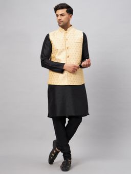 Vastramay - Men Black And Gold Silk Blend Jacket, Kurta and Pyjama (Set of 3)
