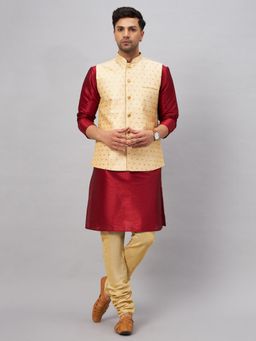 Vastramay - Men Maroon And Gold Silk Blend Jacket, Kurta and Pyjama (Set of 3)
