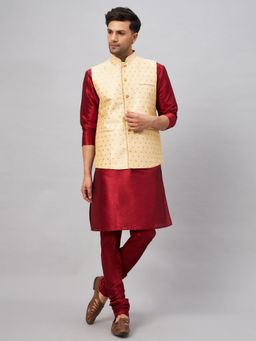 Vastramay - Men Maroon And Gold Silk Blend Jacket, Kurta and Pyjama (Set of 3)