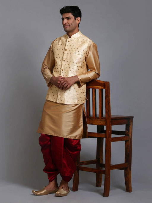 Vastramay Men Gold, Maroon And Rose Gold Silk Blend Jacket, Kurta and Dhoti (Set of 3)
