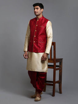 Vastramay - Men Maroon And Gold Silk Blend Jacket, Kurta and Dhoti (Set of 3)