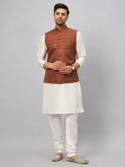Vastramay - Men Brown And Cream Silk Blend Jacket, Kurta and Pyjama (Set of 3)