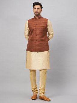Vastramay - Men Brown And Gold Silk Blend Jacket, Kurta and Pyjama (Set of 3)