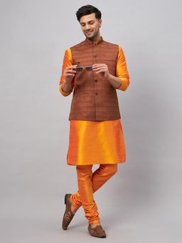 Vastramay - Men Orange Silk Blend Jacket, Kurta and Pyjama (Set of 3)