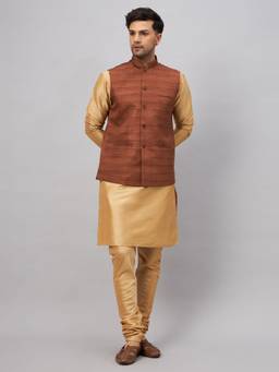 Vastramay - Men Brown And Rose Gold Silk Blend Jacket, Kurta and Pyjama (Set of 3)
