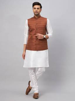 Vastramay - Men Brown And White Silk Blend Jacket, Kurta and Pyjama (Set of 3)