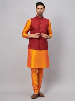 Vastramay - Men Orange And Maroon Silk Blend Jacket, Kurta and Pyjama (Set of 3)