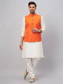 Vastramay - Men Orange And Cream Silk Blend Jacket, Kurta and Pyjama (Set of 3)