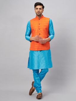 Vastramay - Men Aqua And Orange Silk Blend Jacket, Kurta and Pyjama (Set of 3)
