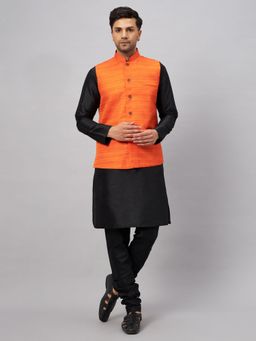 Vastramay - Men Black And Orange Silk Blend Jacket, Kurta and Pyjama (Set of 3)