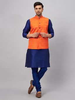 Vastramay - Men Blue And Orange Silk Blend Jacket, Kurta and Pyjama (Set of 3)