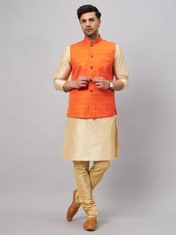 Vastramay - Men Gold And Orange Silk Blend Jacket, Kurta and Pyjama (Set of 3)