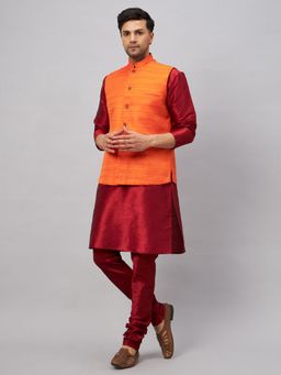 Vastramay - Men Maroon And Orange Silk Blend Jacket, Kurta and Pyjama (Set of 3)