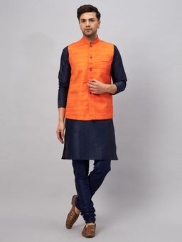 Vastramay - Men Navy Blue And Orange Silk Blend Jacket, Kurta and Pyjama (Set of 3)