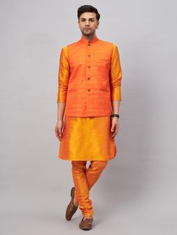 Vastramay - Men Orange Silk Blend Jacket, Kurta and Pyjama (Set of 3)