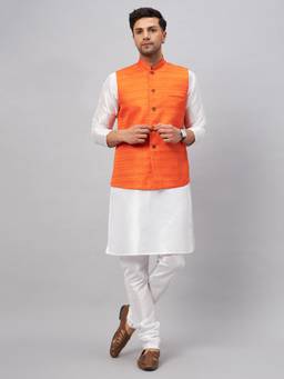 Vastramay - Men Orange And White Silk Blend Jacket, Kurta and Pyjama (Set of 3)