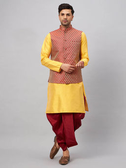 Vastramay - by Vastramay Men Yellow And Maroon Silk Blend Jacket, Kurta and Dhoti (Set of 3)