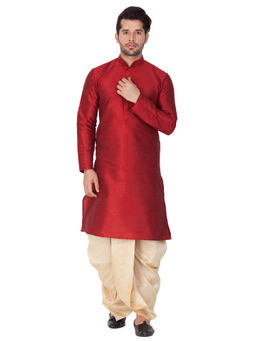 Vastramay - by Vastramay Men Maroon Silk Blend Kurta and Dhoti (Set of 2)